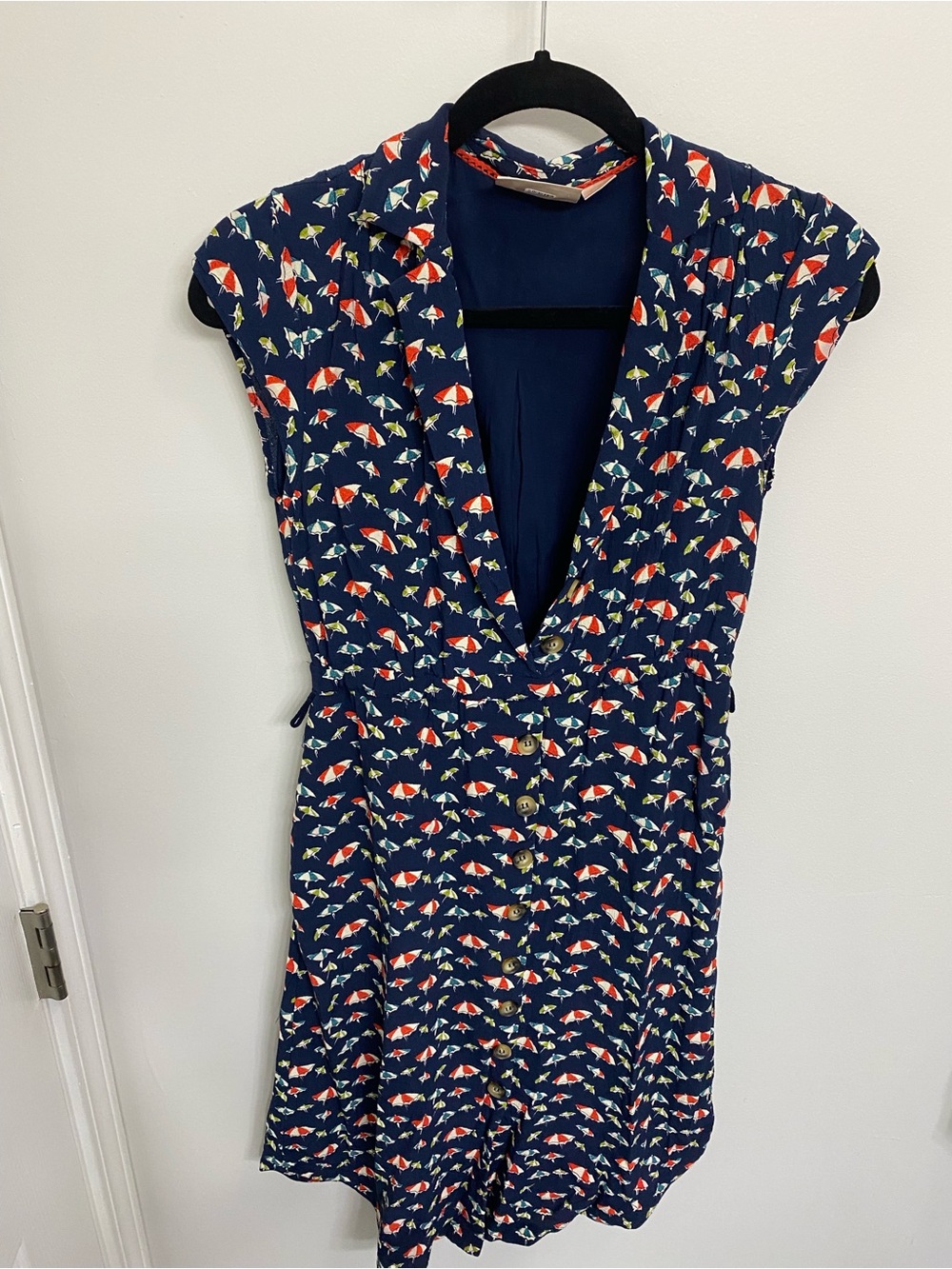 Anthropologie Navy Blue Umbrella-Print Button-Front Dress